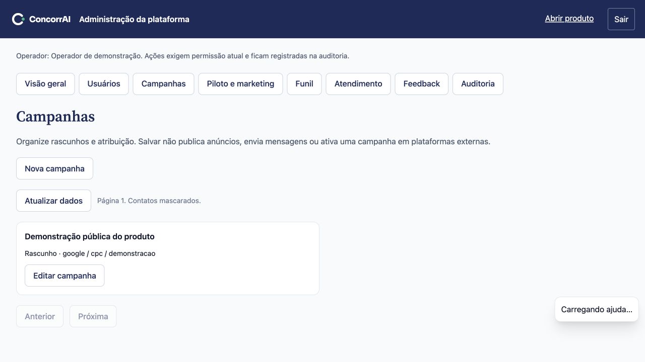 Campanhas: demonstração do console restrito com dados fictícios.