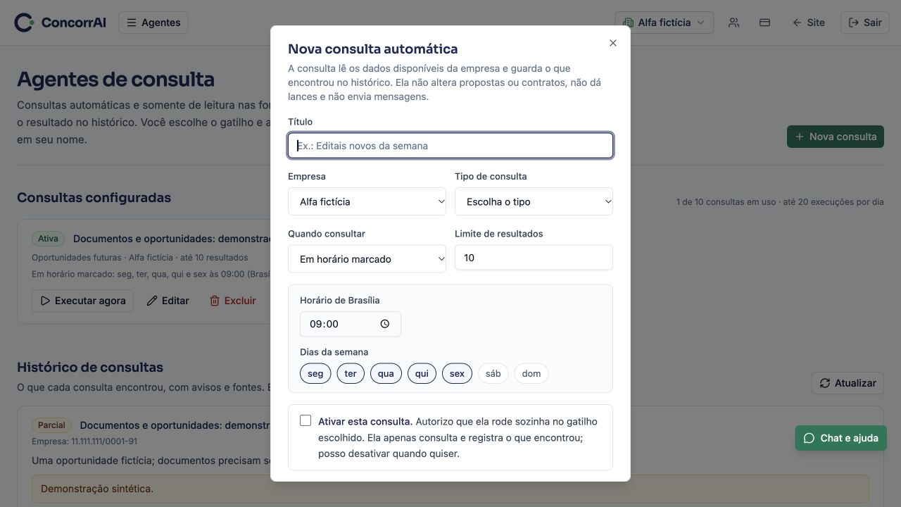 Configuração de consulta automática: empresa, tipo, gatilho, horário, dias e ativação explícita.