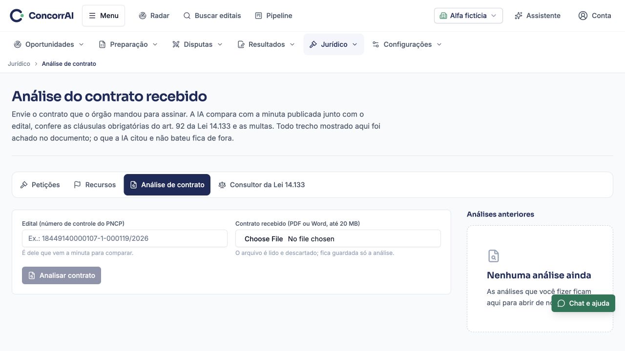 Análise de contrato: exemplo da tela com dados fictícios.