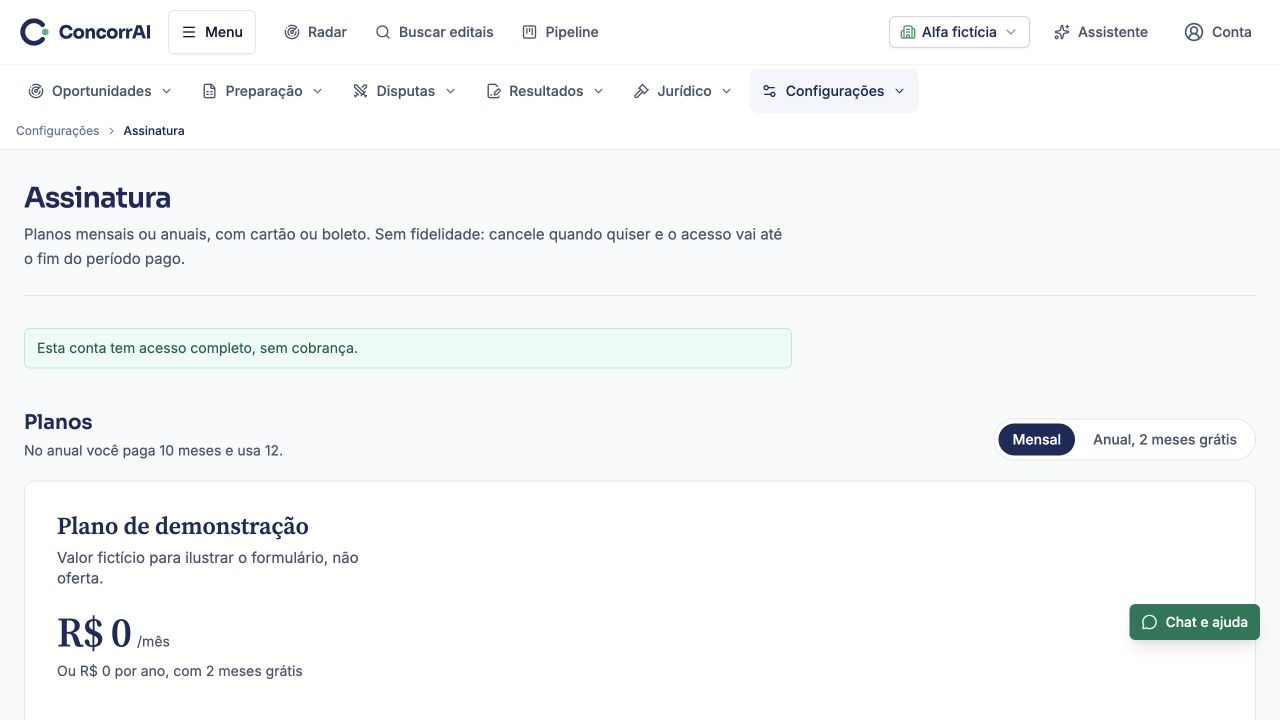 Plano e assinatura: exemplo da tela com dados fictícios.