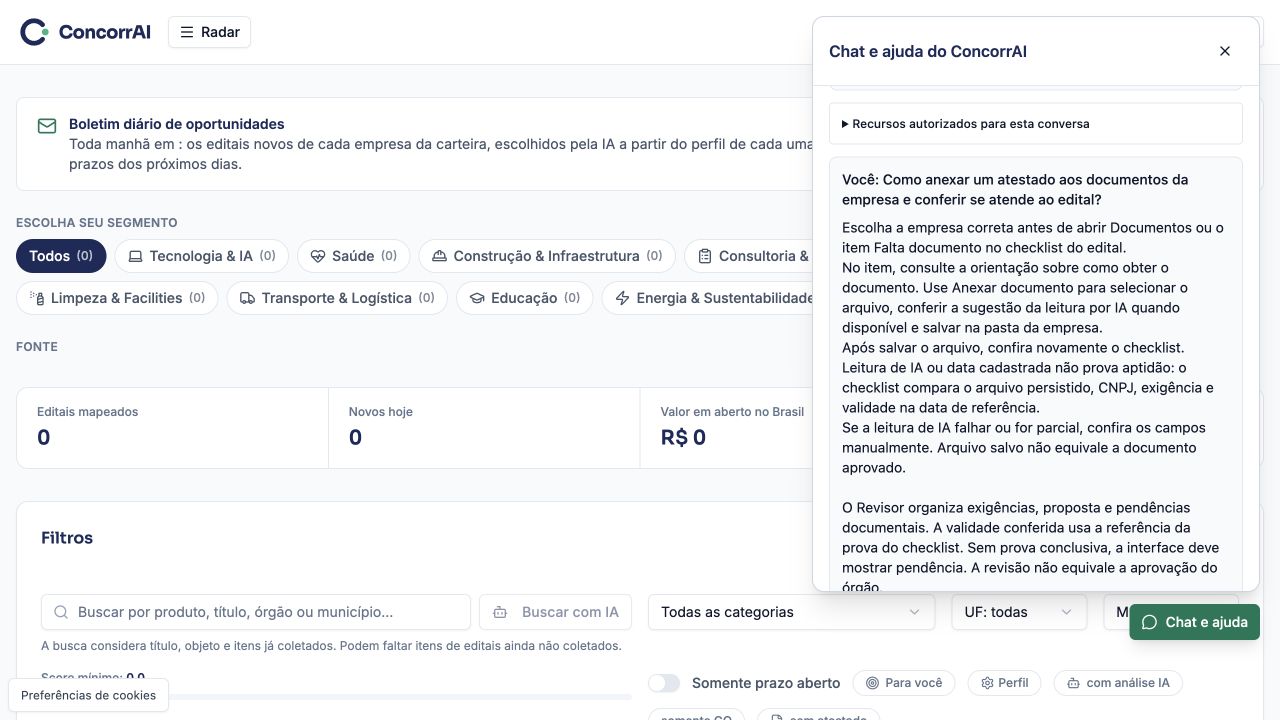 Assistente na aplicação, com empresa fictícia escolhida. O exemplo responde sobre documentos usando a base pública; consultas privadas e IA têm autorizações próprias.