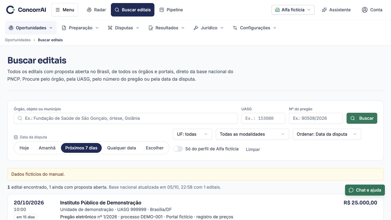 Busca nacional e abertura interna: exemplo da tela com dados fictícios.