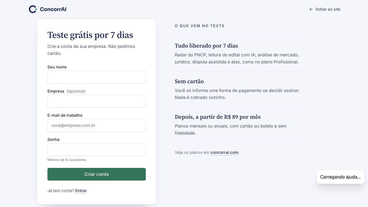 Criar conta: formulário de entrada com campos em branco; dados fictícios.