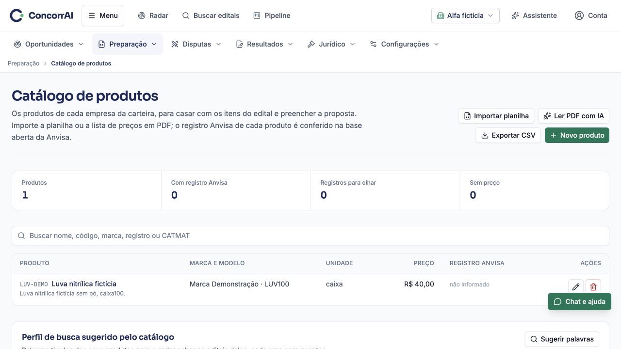 Catálogo de produtos: exemplo da tela com dados fictícios.