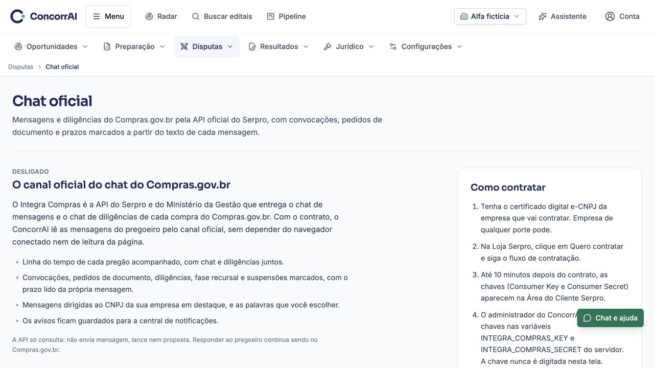 Chat oficial: exemplo da tela com dados fictícios.