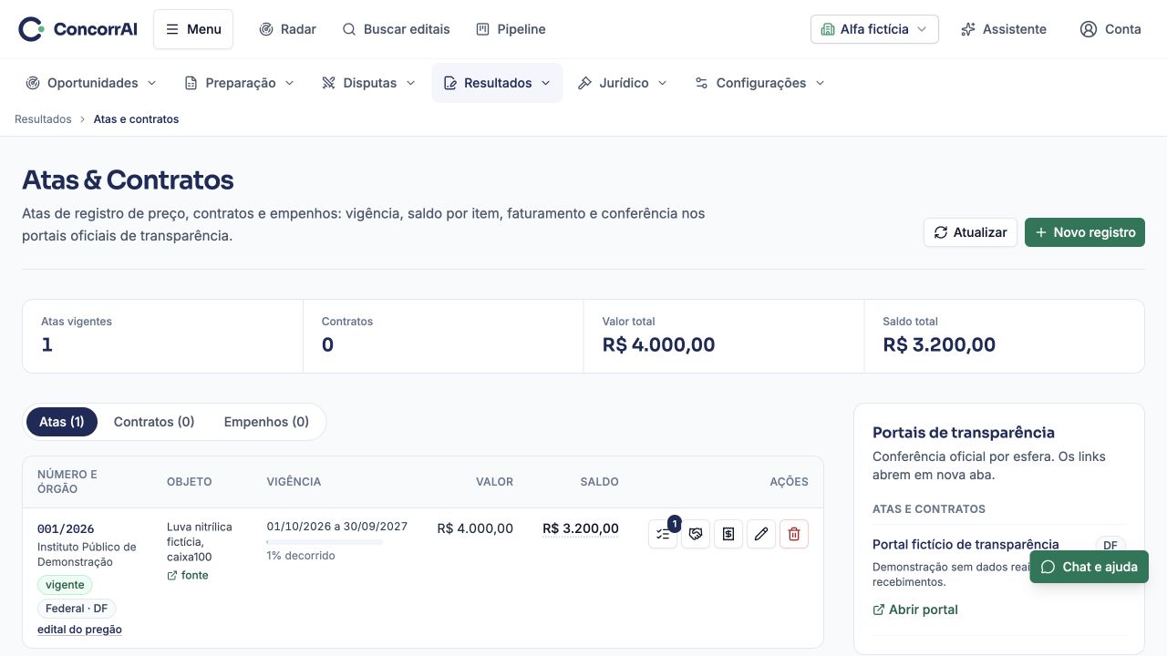 Atas, contratos e adesões: exemplo da tela com dados fictícios.