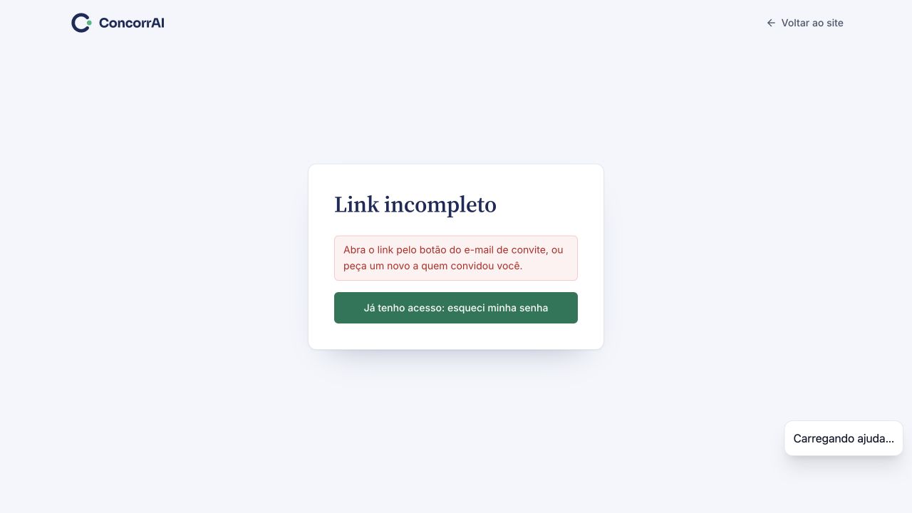 Aceitar convite da equipe: a confirmação exige um link individual válido. Exemplo sem dados pessoais.