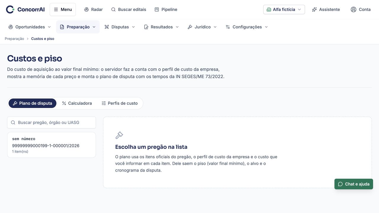 Custos e piso: exemplo da tela com dados fictícios.
