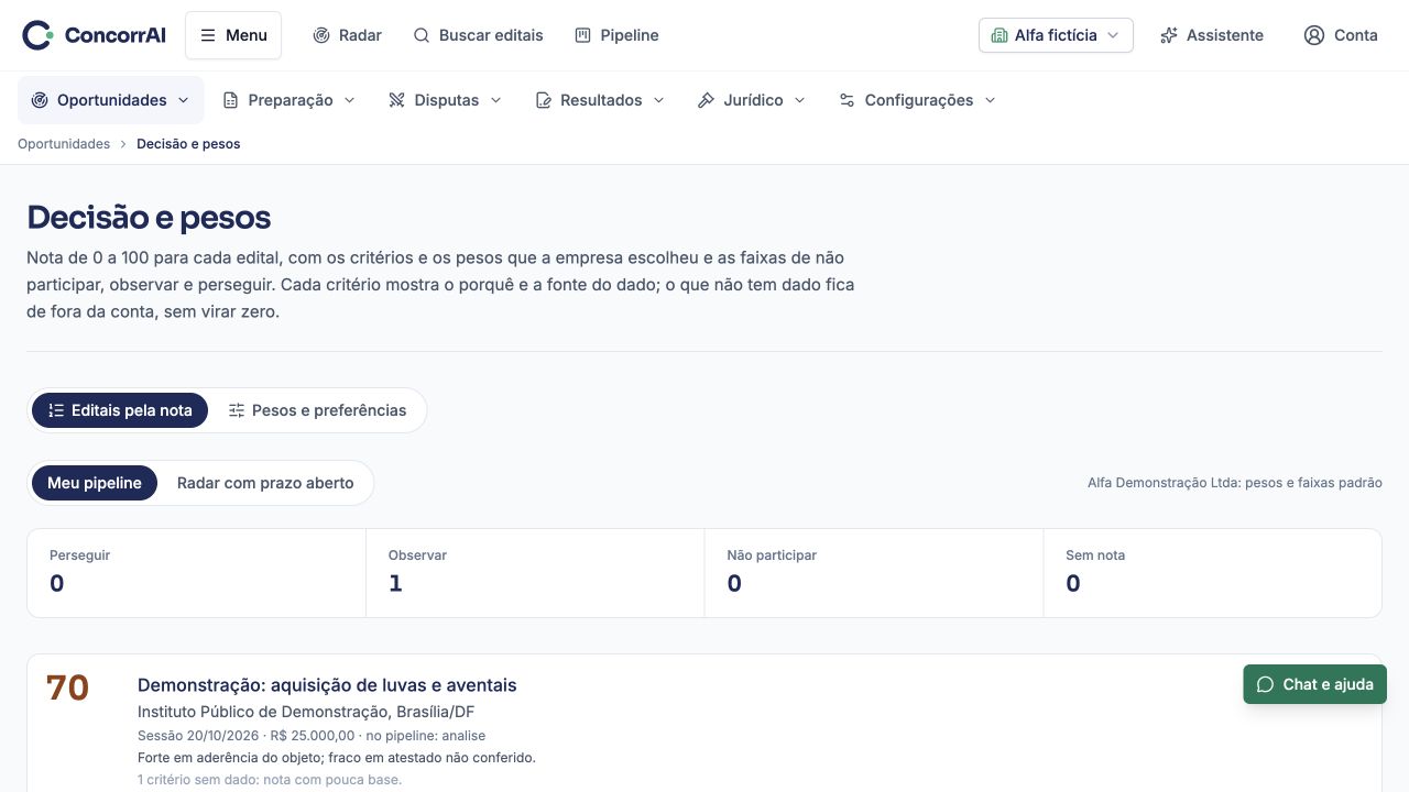 Decisão e pesos: exemplo da tela com dados fictícios.