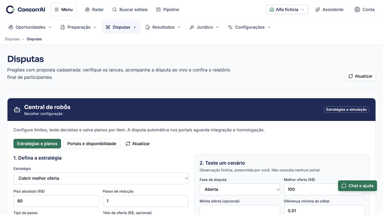 Disputas e robôs: exemplo da tela com dados fictícios.