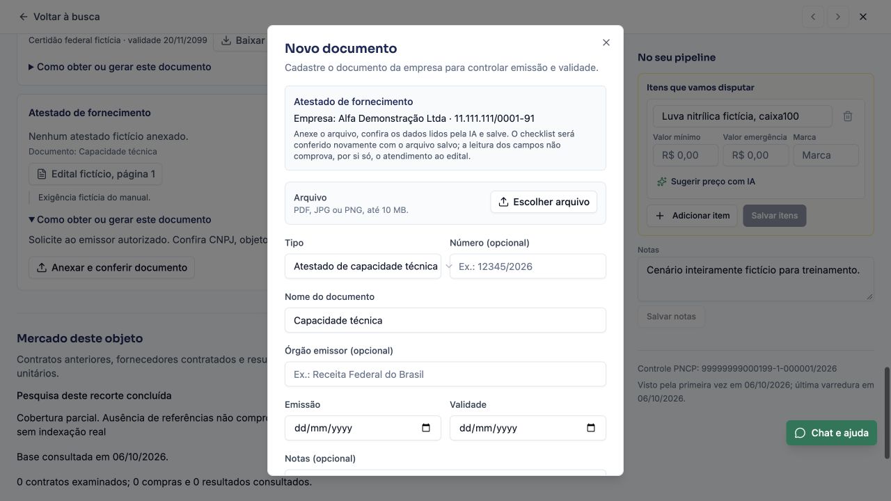 Anexar e conferir: tipo, empresa, validade, arquivo e autorização para leitura por IA antes de salvar no repositório.