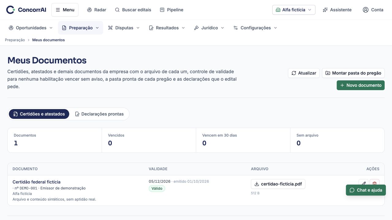 Pasta de documentos: exemplo de uso com a empresa Alfa fictícia.