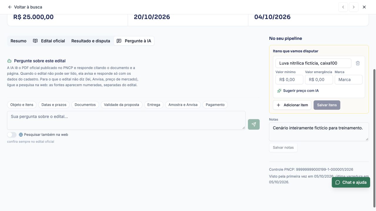Pergunte à IA sobre a fonte do edital. Perguntas por objeto, prazo, documentos, entrega e pagamento; pesquisa externa é uma opção separada.