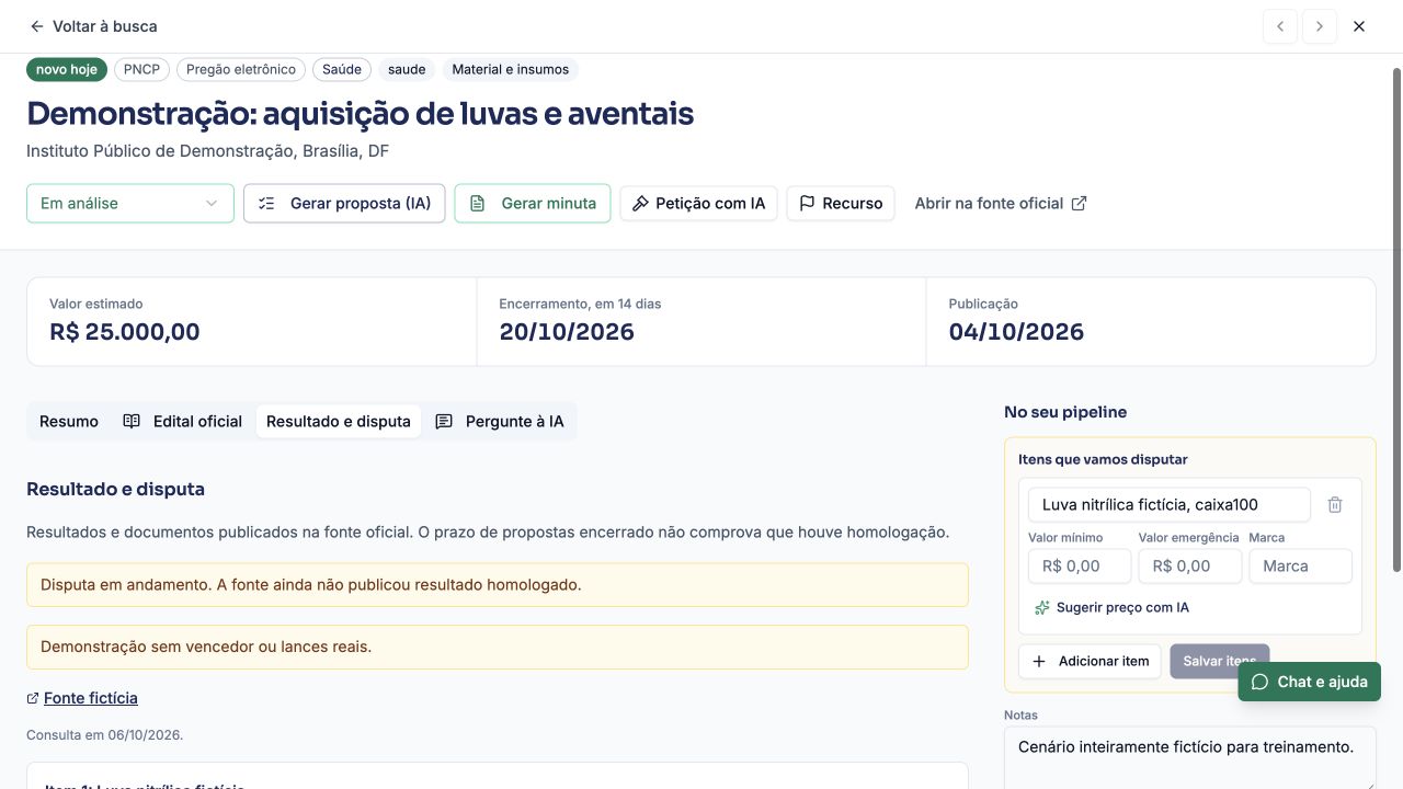 Resultado e disputa: a tela separa resultados, participantes, classificação e lances. Este exemplo fictício não tem dados publicados.