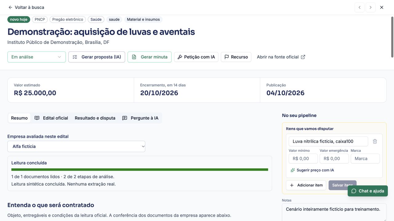 Resumo da leitura oficial: objeto, entregáveis, condições e avaliação parcial da empresa.