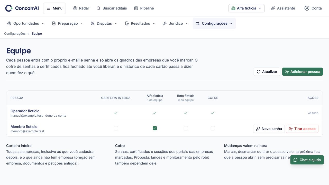 Equipe e permissões: exemplo de uso com dados fictícios.