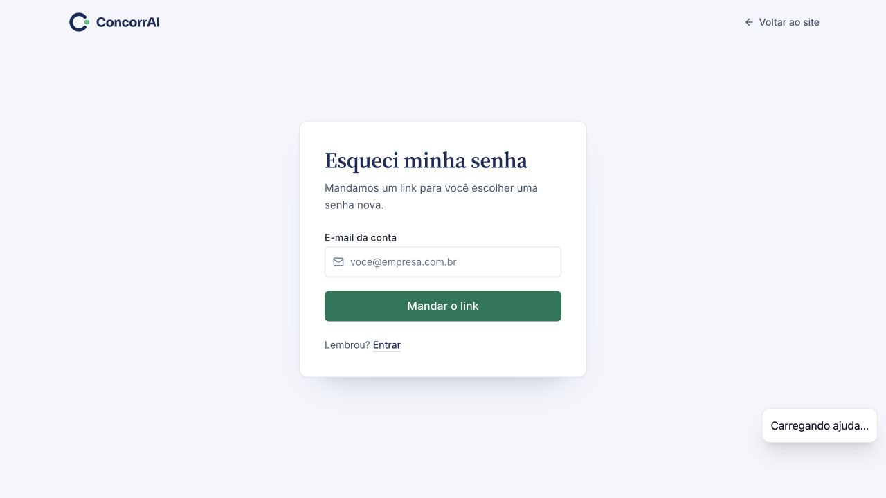 Solicitar recuperação de senha: formulário de entrada com campos em branco; dados fictícios.