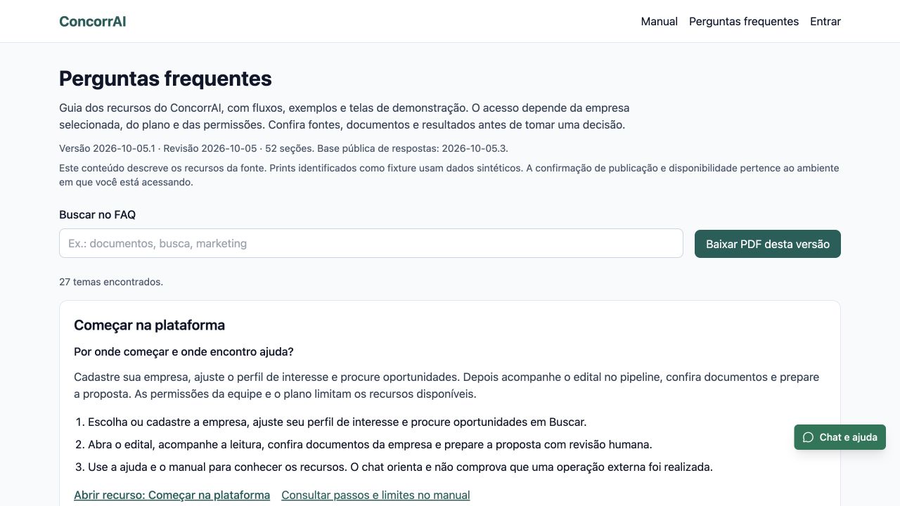 Perguntas frequentes com busca, 27 temas e links para os fluxos detalhados no manual.