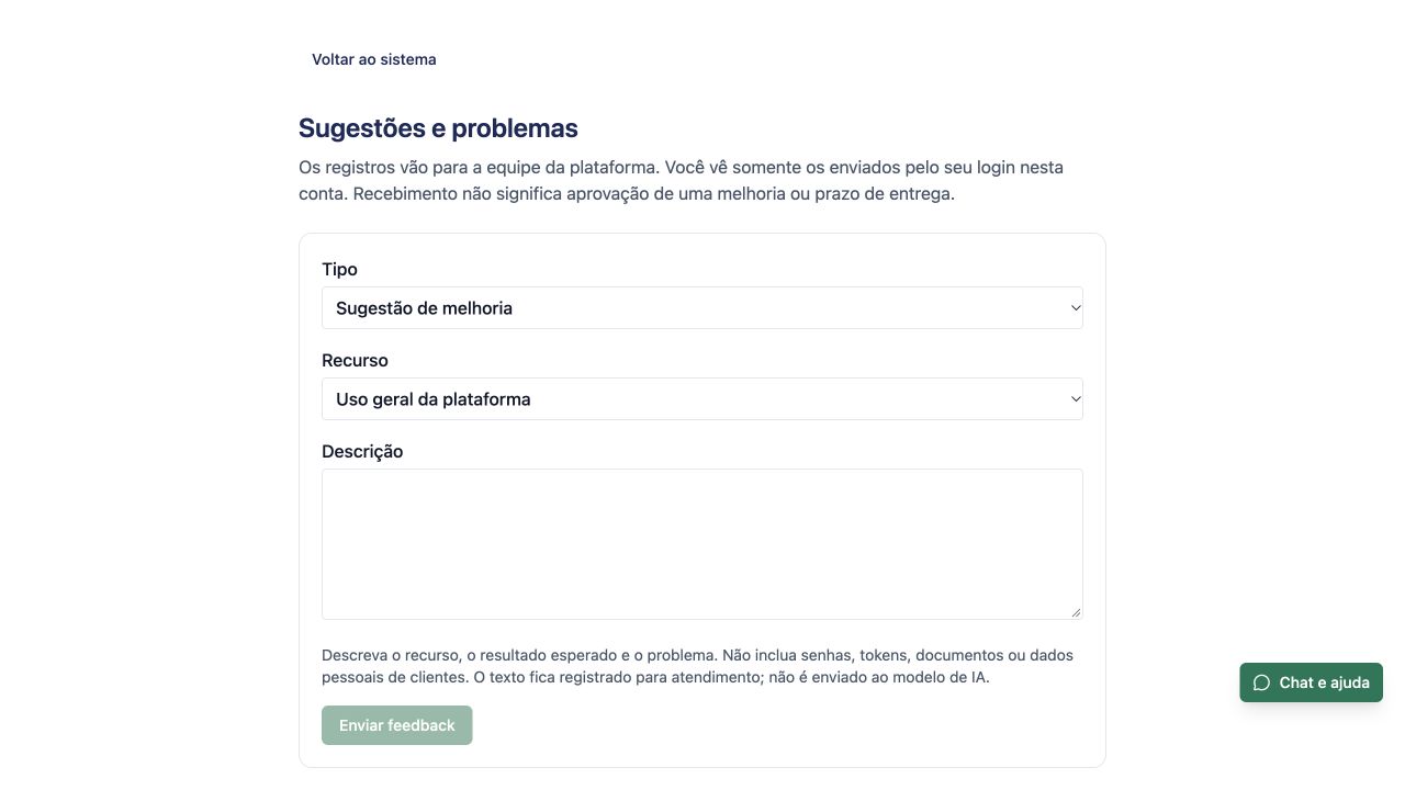 Feedback e pedidos de melhoria: exemplo de uso com dados fictícios.