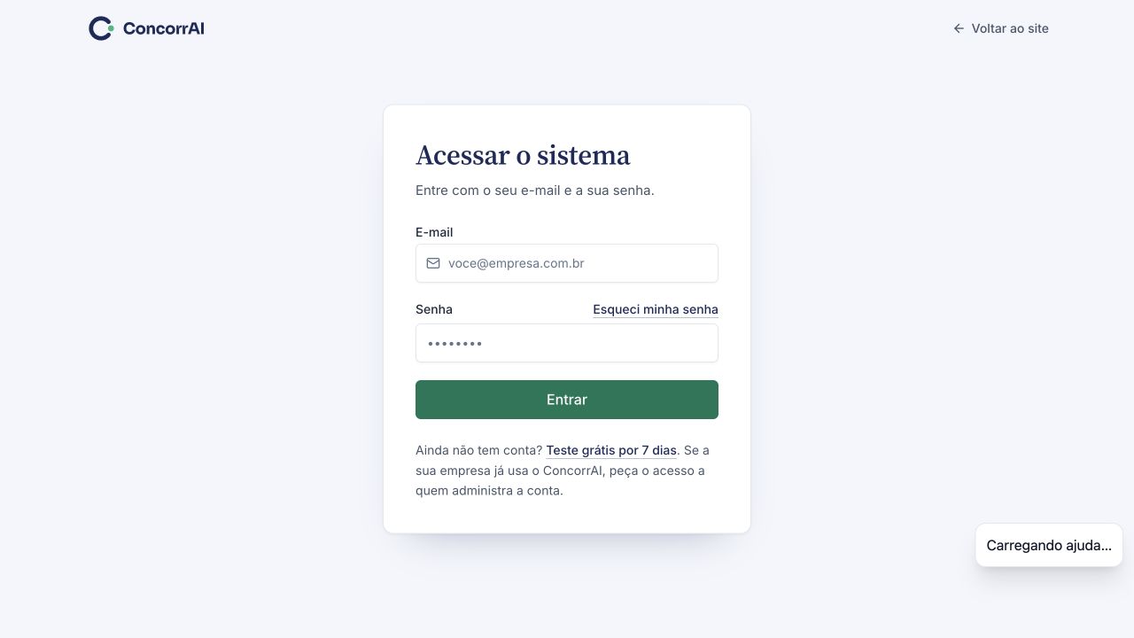 Entrar: formulário de entrada com campos em branco; dados fictícios.