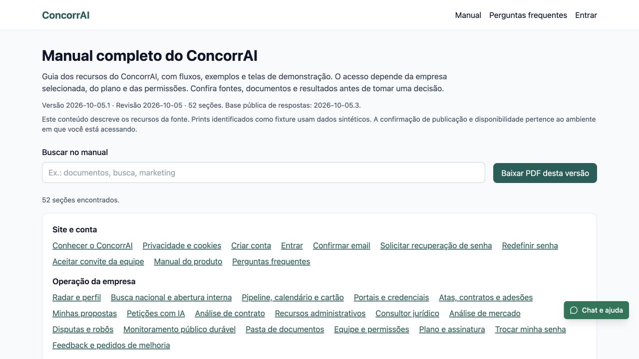 Manual público com busca, índice por áreas e acesso à edição PDF. A fonte descreve 52 seções e o catálogo de ferramentas conectadas à assistente.