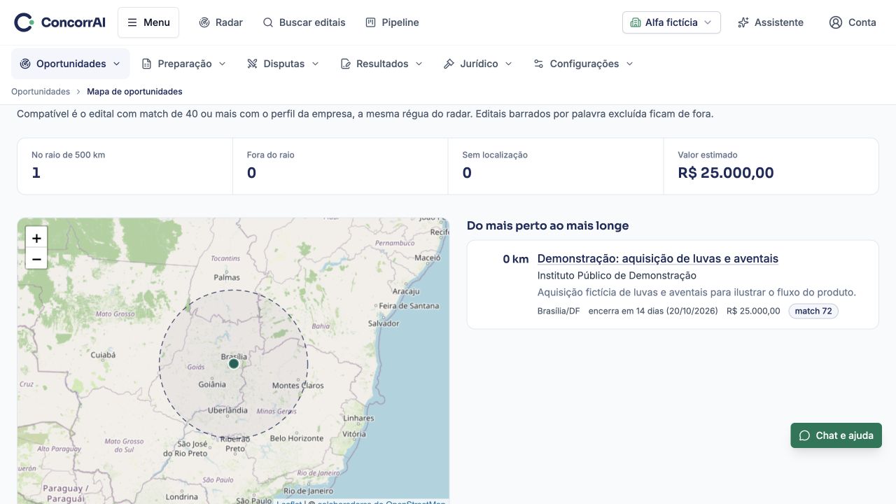 Mapa de oportunidades: exemplo da tela com dados fictícios.