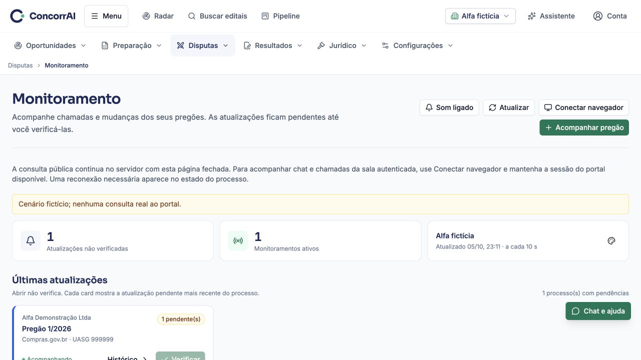 Monitoramento público durável: exemplo de uso com dados fictícios.