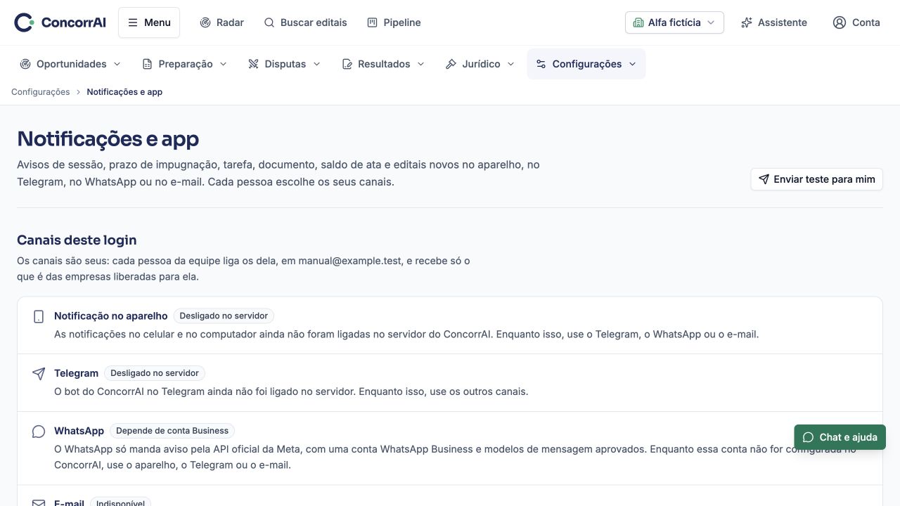 Notificações e app: exemplo da tela com dados fictícios.