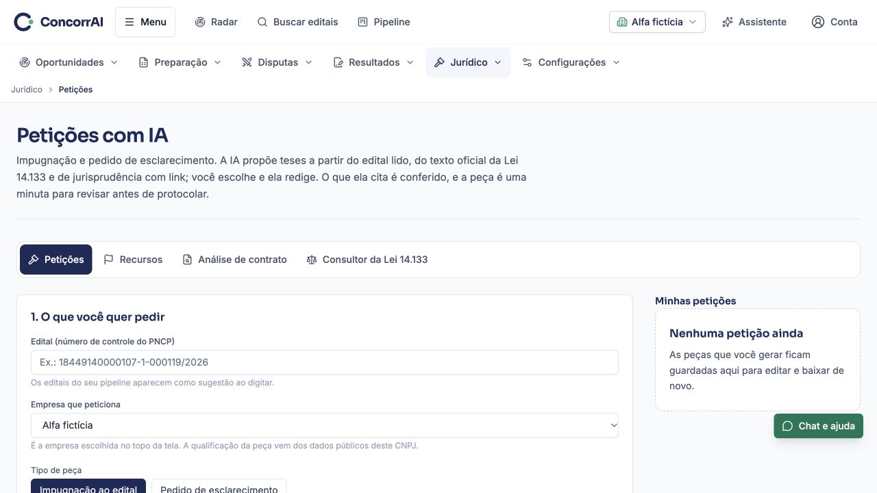 Petições com IA: exemplo da tela com dados fictícios.