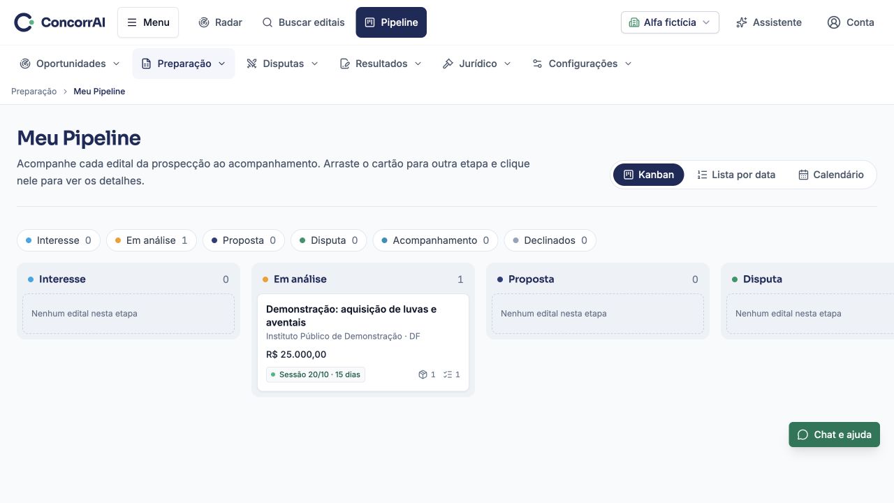 Pipeline, calendário e cartão: exemplo da tela com dados fictícios.