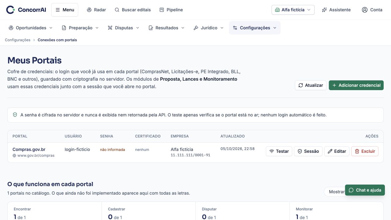 Portais e credenciais: exemplo da tela com dados fictícios.
