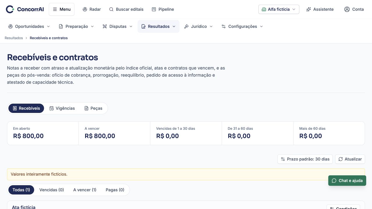 Recebíveis e contratos: exemplo da tela com dados fictícios.