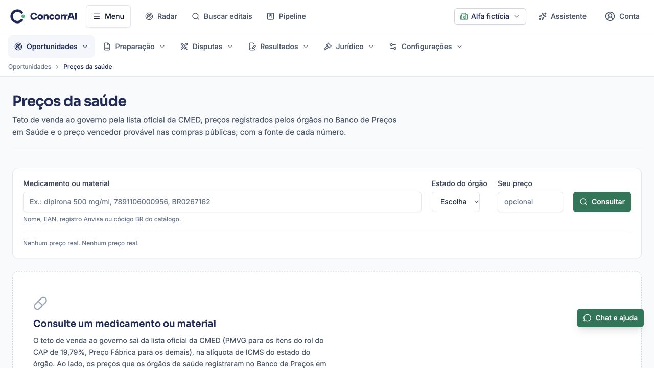 Preços da saúde: exemplo da tela com dados fictícios.