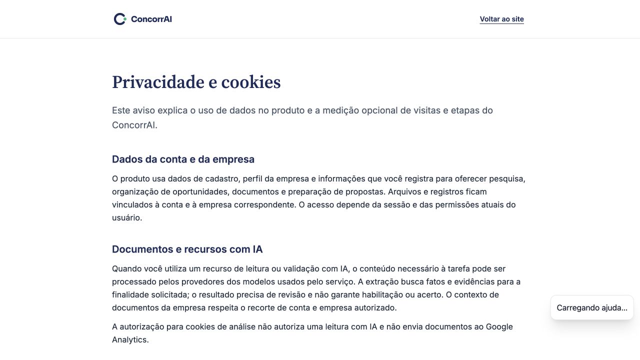 Privacidade e cookies: formulário de entrada com campos em branco; dados fictícios.