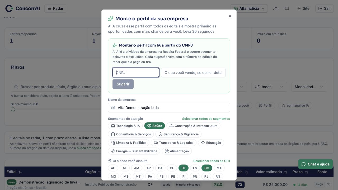 Perfil de interesse: empresa, segmentos, palavras e recortes para localizar oportunidades.