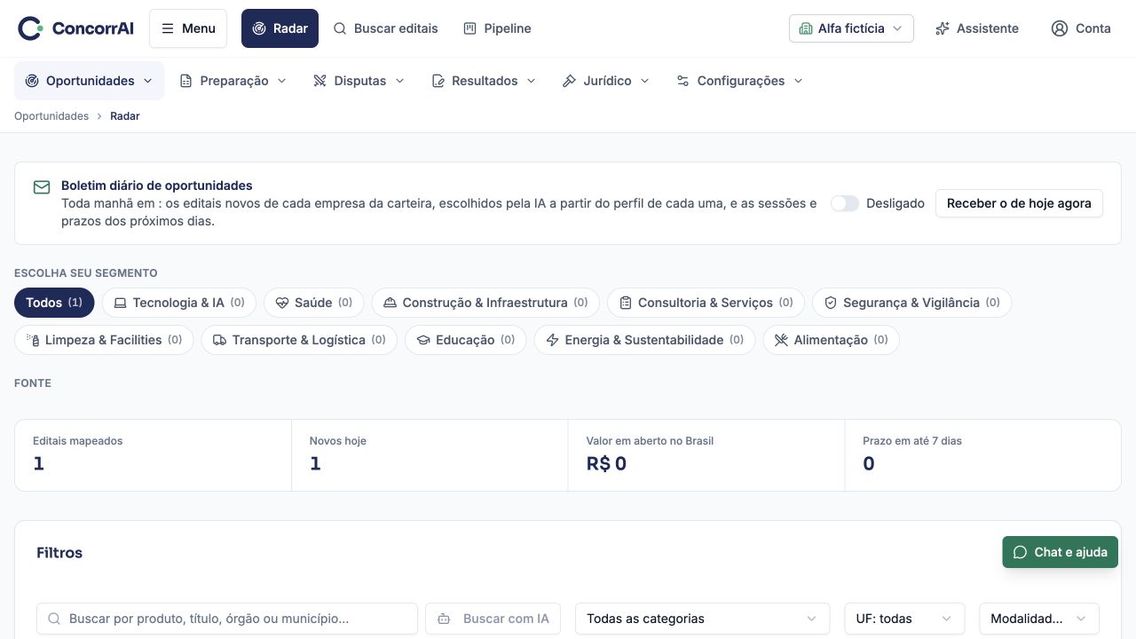 Radar: segmentos, indicadores e filtros da empresa selecionada.