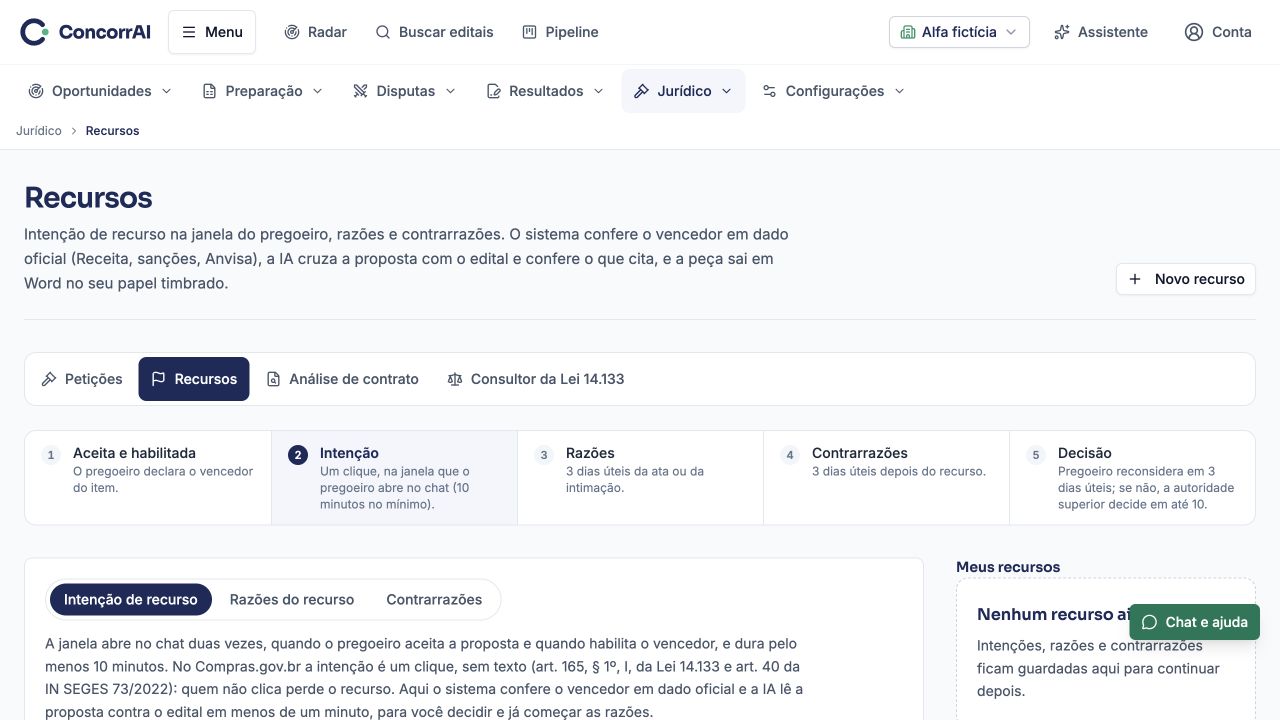 Recursos administrativos: exemplo da tela com dados fictícios.