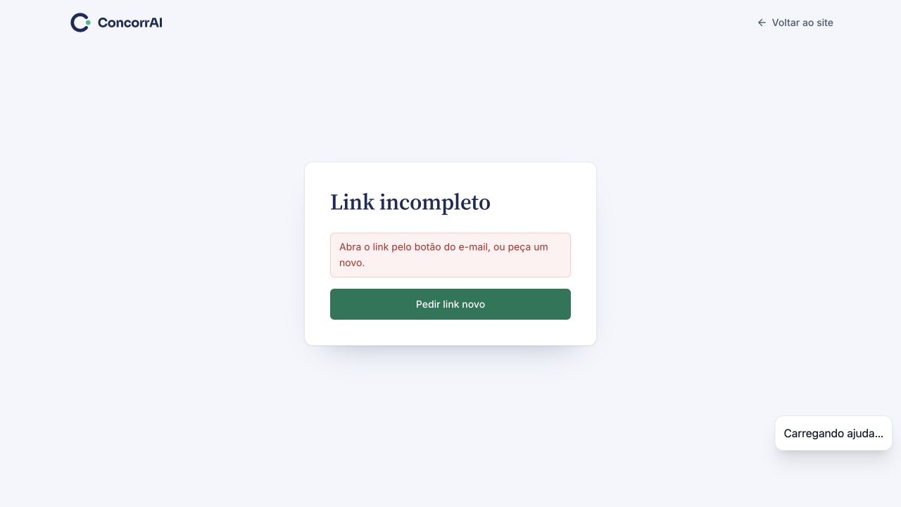 Redefinir senha: a confirmação exige um link individual válido. Exemplo sem dados pessoais.