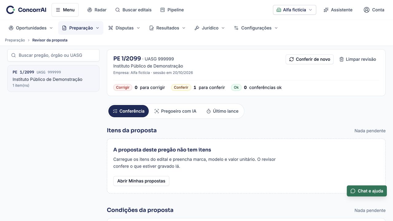 Revisor da proposta: exemplo da tela com dados fictícios.