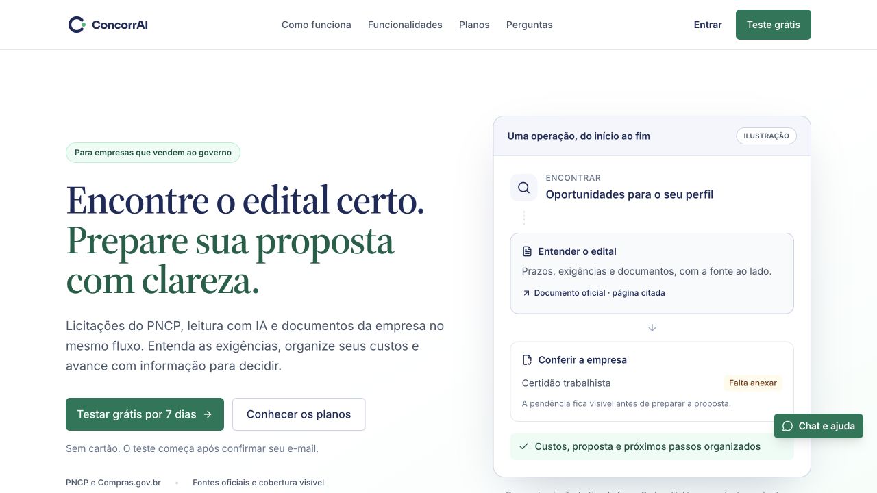 Página inicial pública: proposta do produto, demonstração do fluxo e botões para iniciar o teste.
