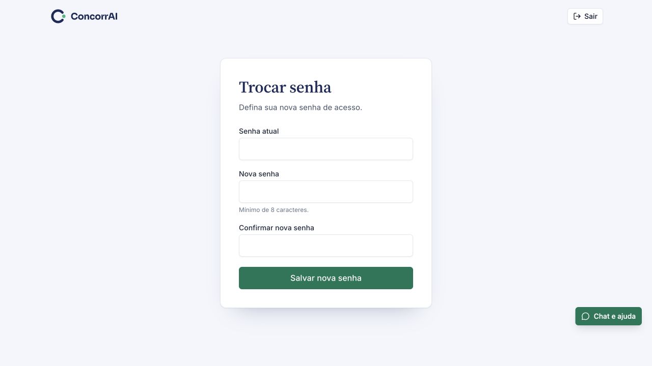 Trocar minha senha: exemplo da tela com dados fictícios.